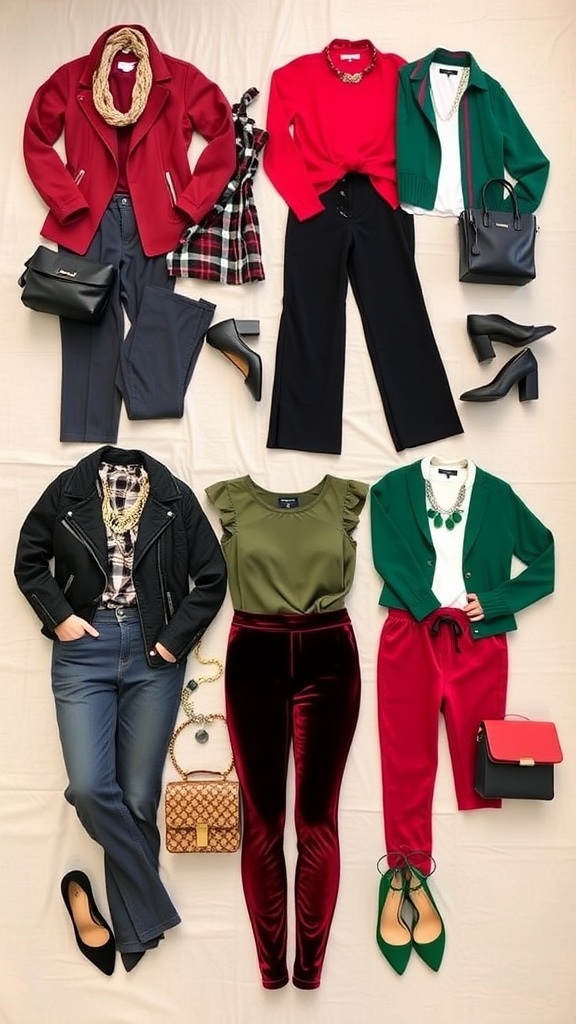 Flat lay of Christmas party outfit ideas with stylish pants and festive accessories.